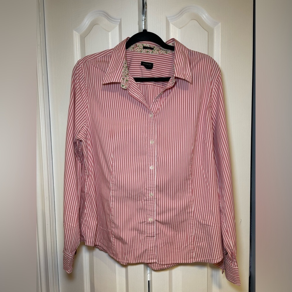 Talbots Stretch - Women's Button Up Shirt Long Sleeve Pink & White Stripe